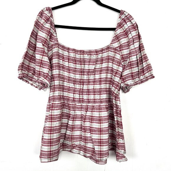 Lane Bryant Pink Red Tan Plaid Smocked Bust Short Sleeve Top 24 3X - Picture 4 of 4
